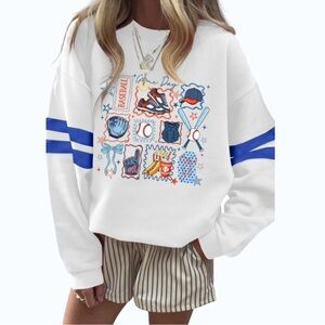 5406. Women's White and Blue Graphic Baseball Sweatshirt